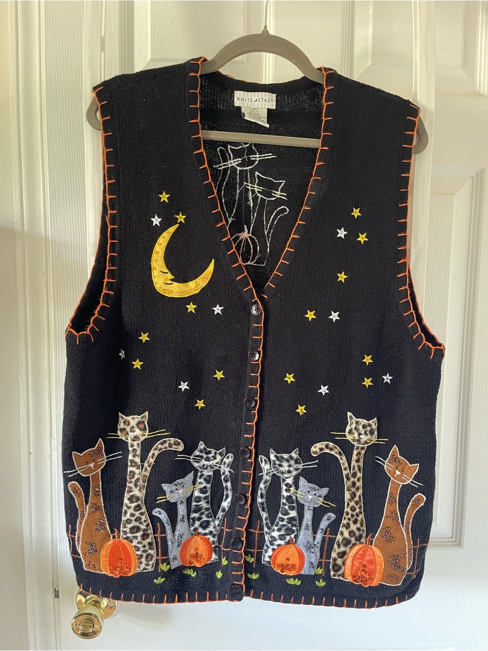 Vtg White Stag Halloween Sweater Vest Black Cats Pumpkins Moon Stars XL
